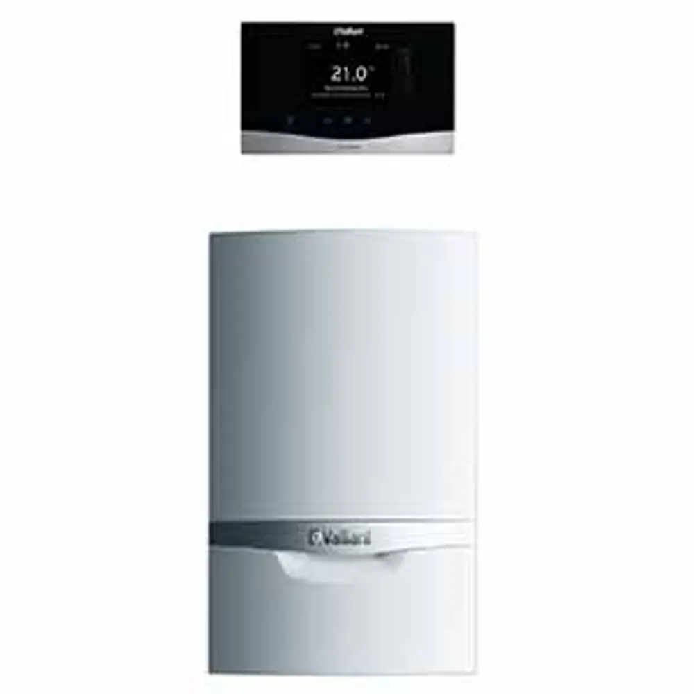 Vaillant-Heizgerät in weißer Ausführung mit Bedienfeld oben, das Temperaturanzeigen und Steuerungselemente zeigt. Gerät für Heizungsanwendungen vorgesehen.